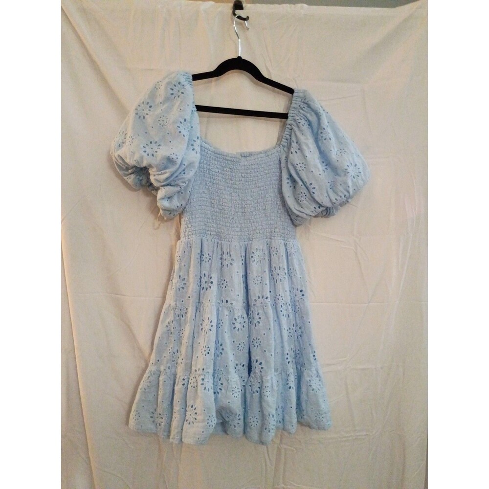 Princess Polly Light Blue Eyelet Puff Sleeve Smocked Tiered Mini Dress